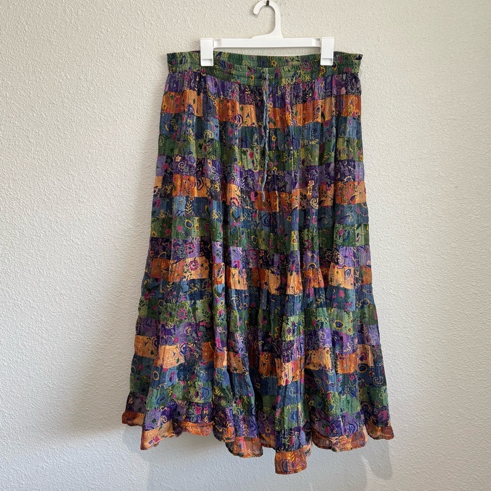 VTG Silver Stream Boho‎ Patchwork Floral Cotton Maxi Skirt Multi Color One Size